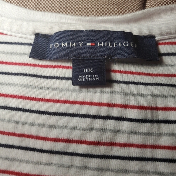 Tommy Hilfiger Women's Shirt v neck Short Sleeve White Gray Navy Red Stripe 0x - Picture 3 of 8